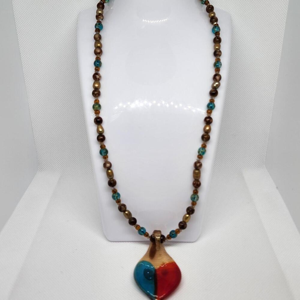 Artisan Hand Blown Glass Heart Pendant Necklace Gold Flake Red Blue Boho